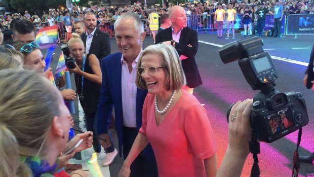 Prime Minister Malcolm Turnbull and Lucy Turnbull arrive at Kinselas for the 2016 Gay Mardi Gras.