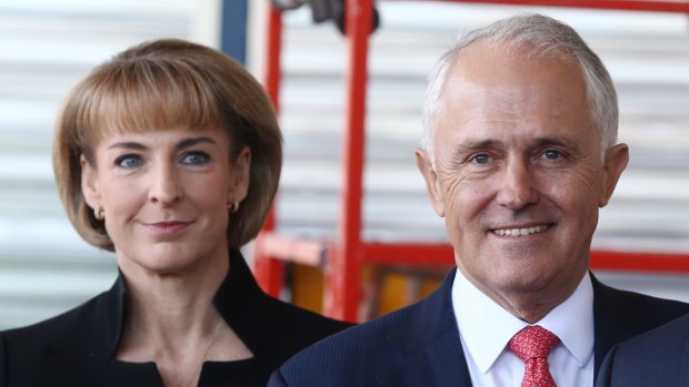 Prime Minister Malcolm Turnbull visits a building site in Belconnen, Canberra, with Employment Minister Senator Michaelia Cash on Monday. . 