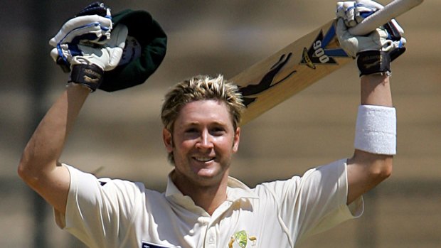 Michael Clarke celebrates a century on Test debut against India in 2004.