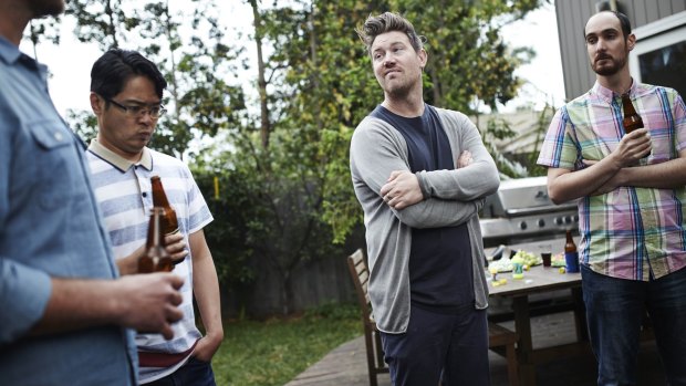 Eddie Perfect (second from right) stars in The Future is Expensive, which explores the challenges of a stay-at-home father.