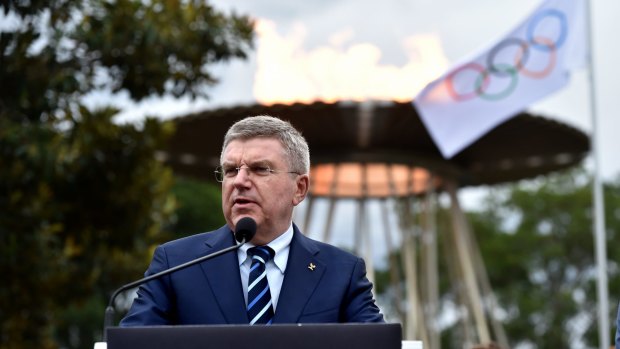 IOC president Thomas Bach at the Sydney 2000 Olympics site during his visit to discuss the Brisbane bid. 