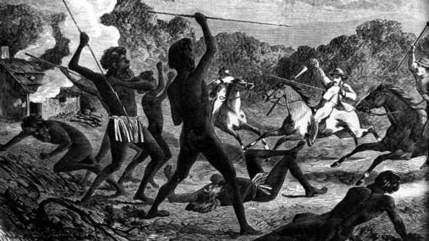 Aboriginal warriors in action in a sketch titled <i>A Deadly Encounter</i> by H Calvert in 1870.