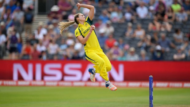 Full flight: Australia bowler Ellyse Perry in action.