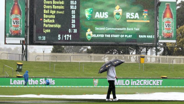 Sorry sight: Umpire Mick Martell inspects the pitch with an umbrella as rain stops play.