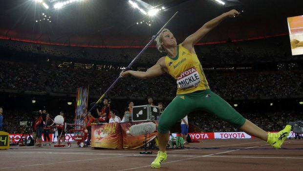 Australia's Kim Mickle competes in the women's javelin at the world championships.