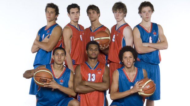 AIS guard position players back-row from left to right:  Tyson Demos, Ben Louis, Christian Salecich, Shannon Seebohm, Matthew Dellavedova. Front-row from left to right: Kyle Armour, Patrick Mills, Jorden Page.