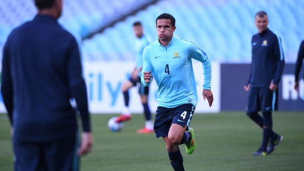 Cahill to push through: Tim Cahill duing training at ANZ Stadium. 