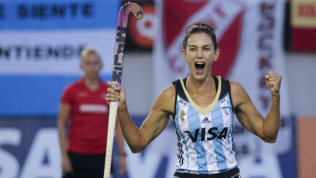 Argentina's Luciana Aymar celebrates after converting a penalty during the Champions Trophy final against Australia in Mendoza on Sunday.