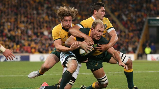 Schalk Burger of the Springboks is tackled by Michael Hooper of the Wallabies and Rob Simmons of the Wallabies during The Rugby Championship at Suncorp Stadium on Saturday.
