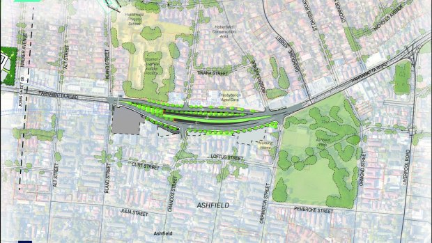 A map of on and off ramps of the M4 East at Ashfield. 