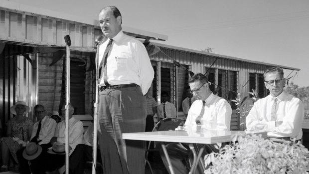 The then minister for territories Paul Hasluck opens new buildings at Retta Dixon Homes, Darwin, in 1961 to move its wards away from Bagot reserve.