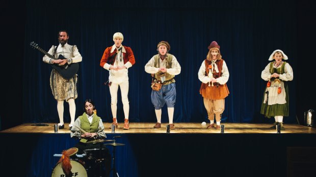 Media call for The Popular Mechanicals at the Playhouse Theatre. At front, Holly Austin, back (L-R) Charles Mayer, Nathan O'Keefe, Rory Walker, Lori Bell, Julie Forsyth