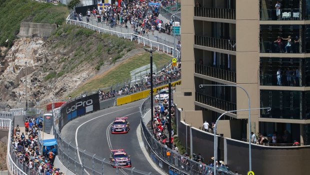 Street racers: Red Bull Holden Racing Team drivers Shane van Gisbergen and Jamie Whincup on the Newcastle circuit for race 26 of the Supercars Championship.