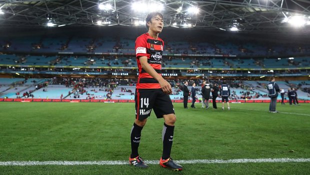 The Wanderers' Jumpei Kusukami leaves the field after the round-one clash with Sydney FC at ANZ Stadium in October.