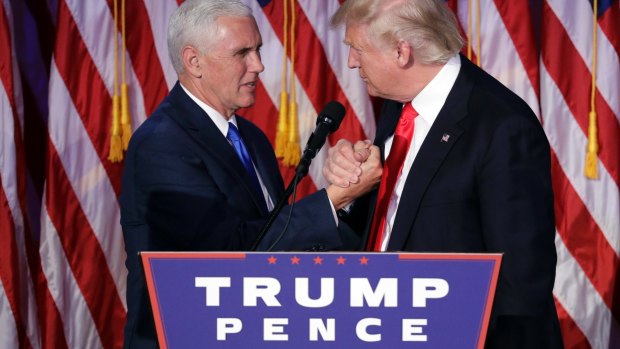 President-elect Donald Trump thanks vice-President-elect Mike Pence as he gives his acceptance speech.