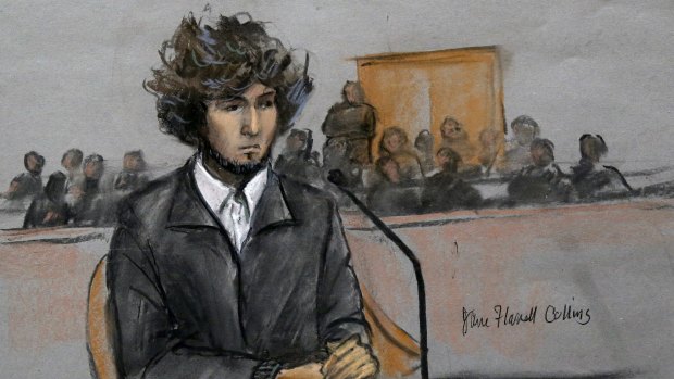 Courtroom sketch of Boston Marathon bombing suspect Dzhokhar Tsarnaev. 