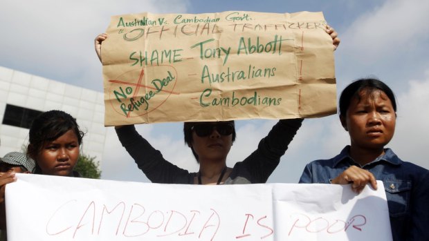 Demonstrators protest the resettlement plan near the Australian embassy in Phnom Penh last year.