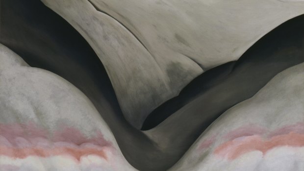 Detail of Georgia O'Keeffe's <i>Black Place, Grey and Pink</i>, 1949.