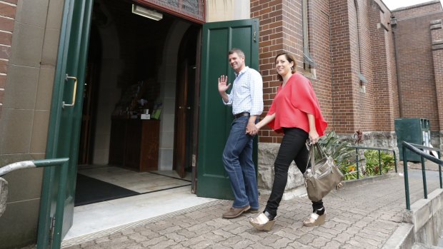 Mike Baird and his wife, Kerryn, at St
Matthew's Anglican Church in Manly on Sunday.