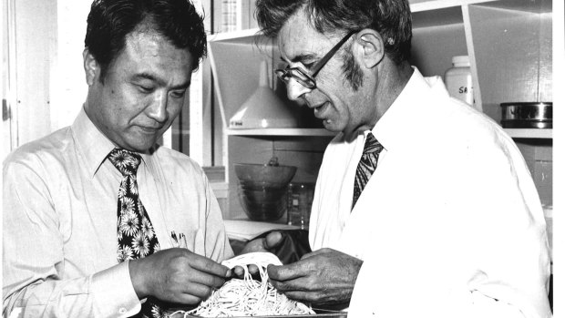 John Moss with Yoshi Shirao, the first Japanese scientist to work on Asian noodles with the Bread Research Institute of Australia, 1981.