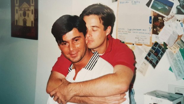 Jones (in red shirt) lost his boyfriend Stephen to AIDS-related illness.