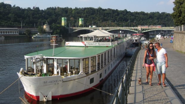 Florentina botel moored on banks of river Vltava, Prague.