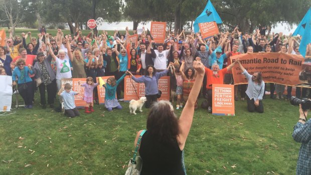 Protesters at Bibra Lake  opposed to Roe 8 which is part of the Perth Freight Link