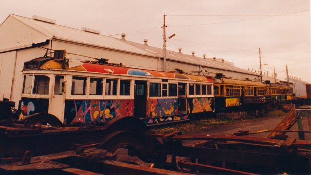 Michael Leunig's art tram pictured exposed to the elements in 1993. It is now in storage in VicTrack's Newport rail yards.