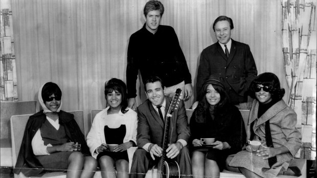 Jimmy Rodgers (guitar) with, from left, Frances Collins, Deedee Kennibrew, Barbara Alston and Lala Brooks (the Crystals) during a stopover in Sydney in 1964.