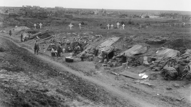 Troops billeted in a sunken road near Bullecourt on May 19, 1917
