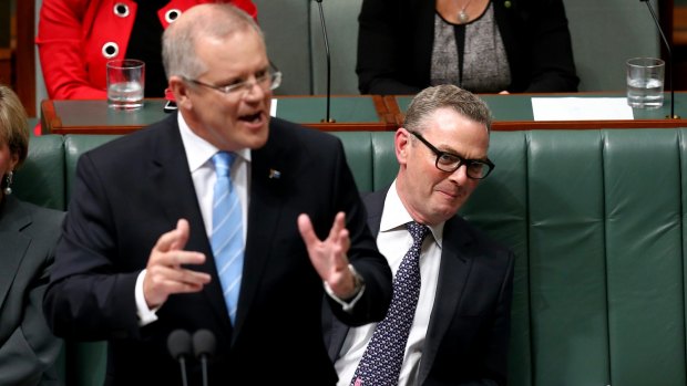 Treasurer Scott Morrison and Minister for Industry, Innovation and Science Christopher Pyne during question time on Wednesday.