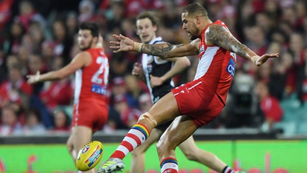 Buddy Franklin takes a shot at goal for the Sydney Swans.