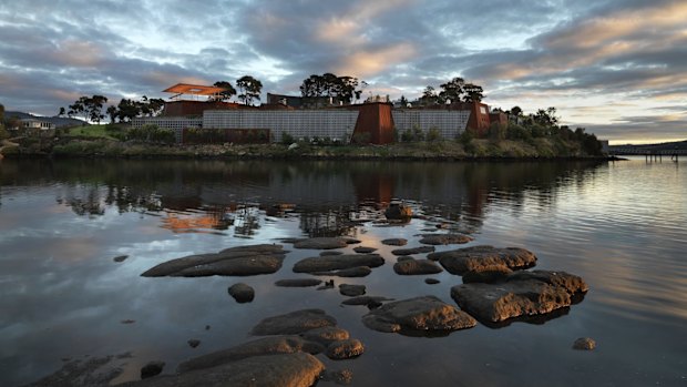 Mona's southern facade viewed from Little Frying Pan Island, south of the museum.