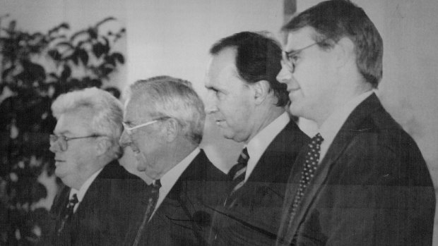 Graham Richardson, Bill Hayden, Paul Keating and John Faulkner at a 1994 swearing-in ceremony at Government House.