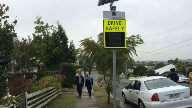Deputy mayor Adrian Schrinner, Central ward councillor Vicki Howard and a speed detection sign at Montpellier Road, Grange.