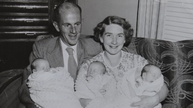 Tom and Elaine French with the triplets soon after they were born in 1958.