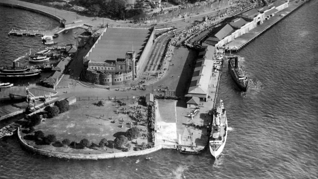 Fort Macquarie Tram Depot on Bennelong Point in 1952, six years before it was demolished to make way for Sydney Opera House.
