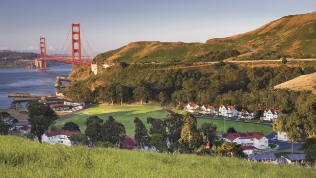 Cavallo Point Lodge is set among rolling hills and looks towards San Francisco Bay and the Golden Gate Bridge.