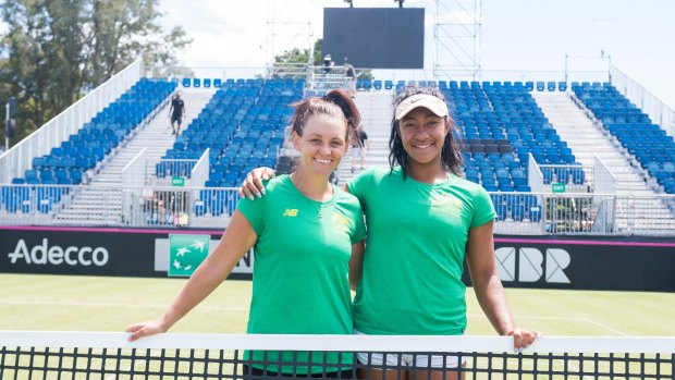 Casey Dellacqua and Destanee Aiava at the Canberra Tennis Centre.