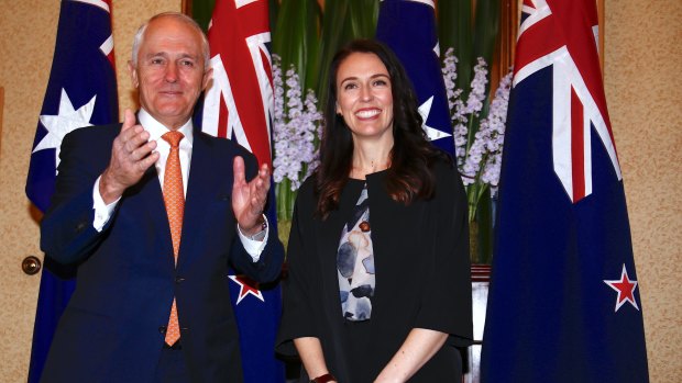 Australian Prime Minister Malcolm Turnbull greets New Zealand PM Jacinda Ardern in Sydney.  