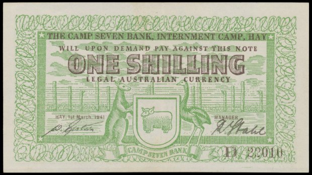 Mossgreen sale of internment bank notes: One shilling banknote. Estimated price $12,500.