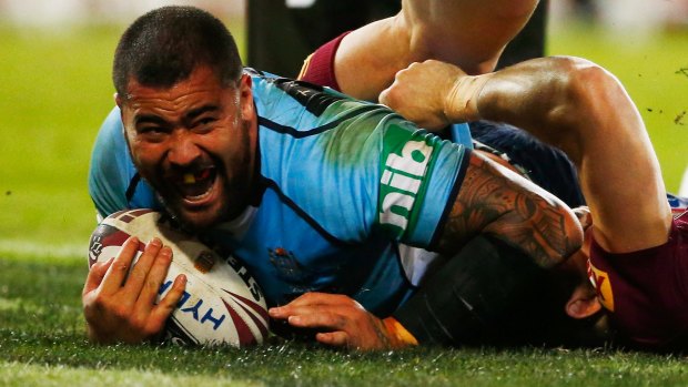 Andrew Fifita of the blues scores a try during game one of the State Of Origin series at Suncorp Stadium on Wednesday night.