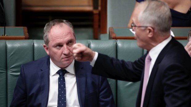 Barnaby Joyce with Malcolm Turnbull during question time.
