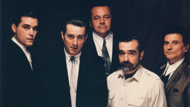 Goodfellas cast members Ray Liotta, Robert DeNiro, Paul Sorvino, director Martin Scorsese and Joe Pesci, c 1990.