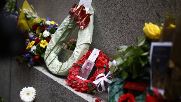 Wreaths and other floral tributes placed at Sydney's cenotaph during the Remembrance Day service.