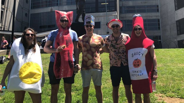Ollie Geffen (far right) and his friends came dressed as a full English breakfast.