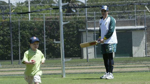 Small beginnings: Austin bowls to dad Steve at the SCG in 2003.