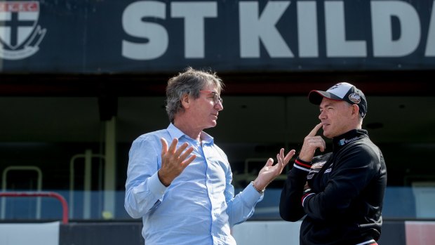 Premiership hero Barry Breen and St Kilda coach Alan Richardson chat at Moorabin on Friday.