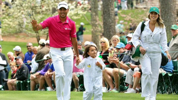 Jason Day with wife Ellie and son Dash during the Par 3 Contest prior to the start of the Augusta Masters.