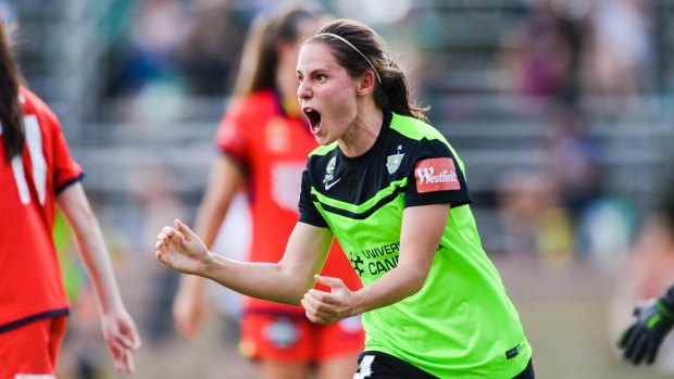 Canberra United's Ashleigh Sykes celebrates a goal during their 6-1 rout of Adelaide last week.